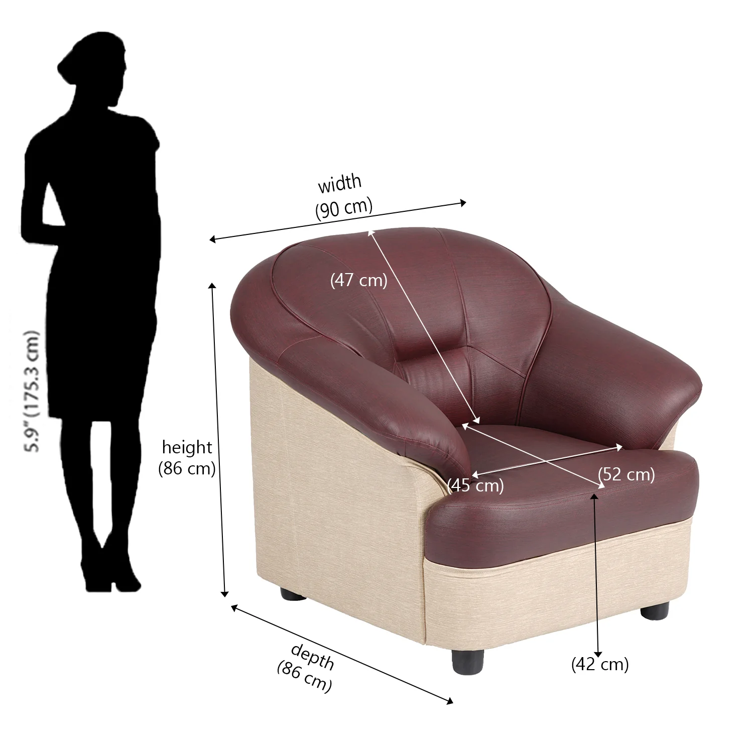 Nilkamal Bright 1 Seater Sofa (Maroon Beige) - Image 9