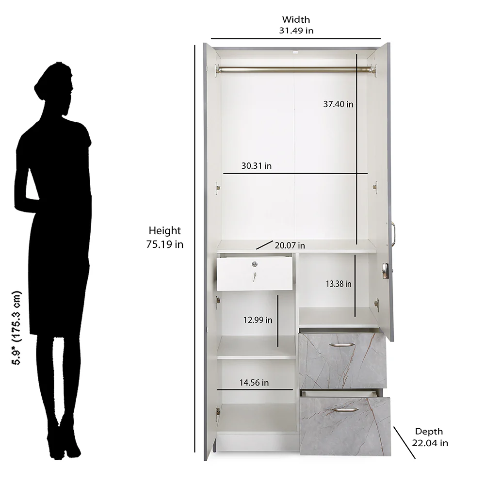 Nilkamal Marbito 2 Door Wardrobe With Mirror (White) - Image 13