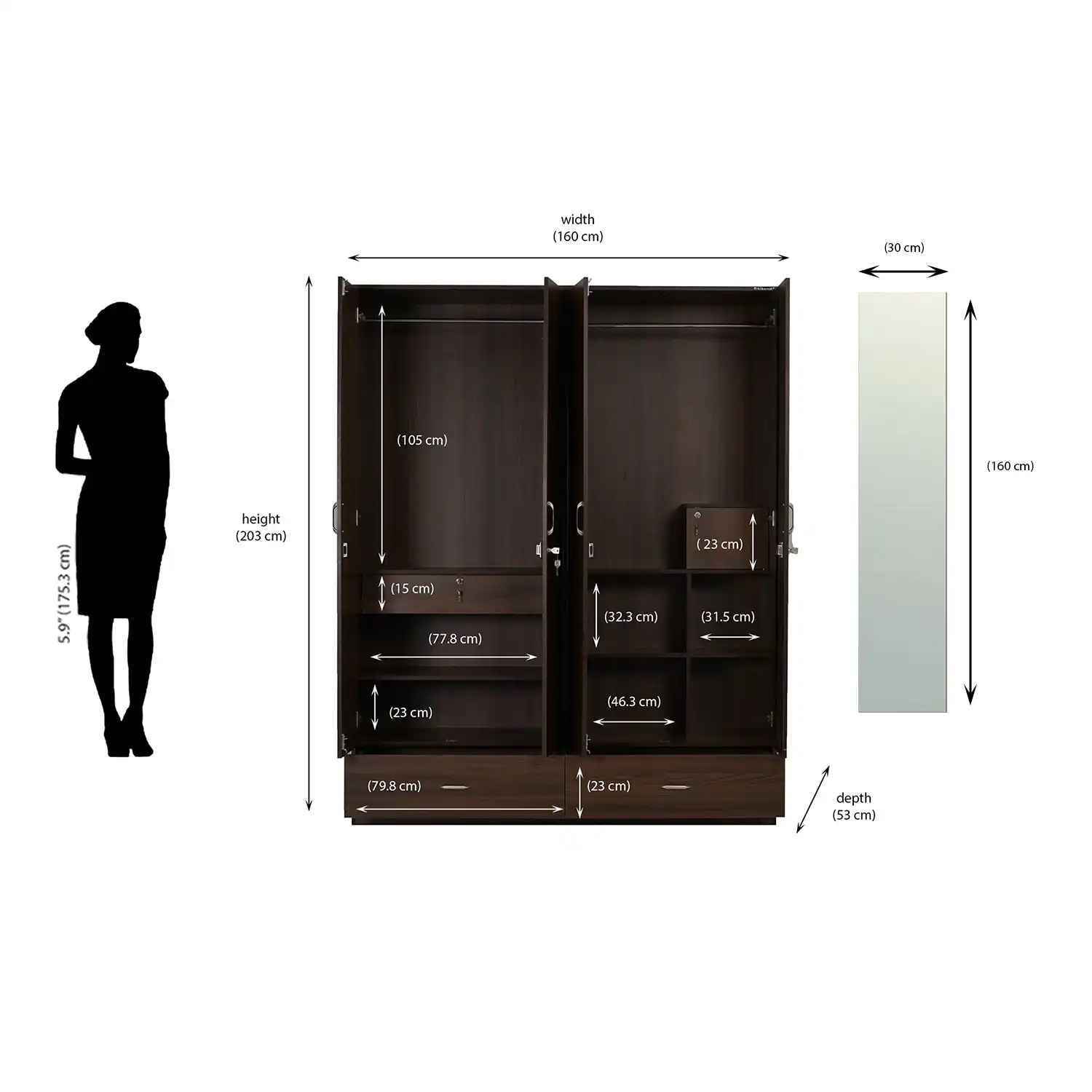 Nilkamal Mozart 4 Door Mirror Wardrobe (Walnut) - Image 7